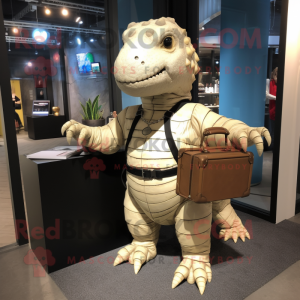 Cream Ankylosaurus mascot costume character dressed with a Romper and Briefcases
