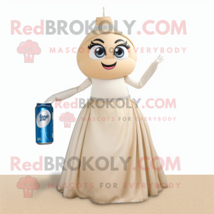 Beige Soda Can mascot costume character dressed with a Ball Gown and Shoe clips