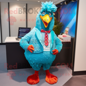 Turquoise Chicken Parmesan mascot costume character dressed with a Suit Pants and Earrings