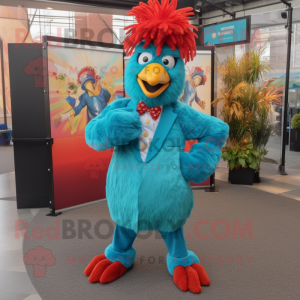 Turquoise Chicken Parmesan mascot costume character dressed with a Suit Pants and Earrings