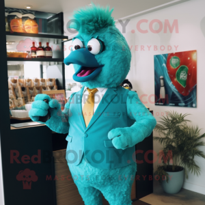 Turquoise Chicken Parmesan mascot costume character dressed with a Suit Pants and Earrings