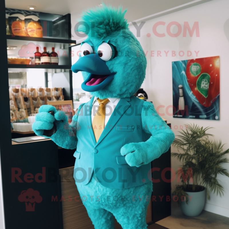 Turquoise Chicken Parmesan mascot costume character dressed with a Suit Pants and Earrings Turquoise Chicken Parmesan mascot costume character dressed with a Suit Pants and Earrings
