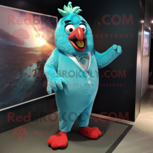 Turquoise Chicken Parmesan mascot costume character dressed with a Suit Pants and Earrings