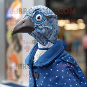 Blue Guinea Fowl mascot costume character dressed with a Poplin Shirt and Mittens