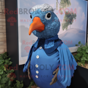 Blue Guinea Fowl mascot costume character dressed with a Poplin Shirt and Mittens