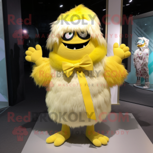 Lemon Yellow Yeti mascot costume character dressed with a Mini Dress and Bow ties