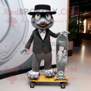 Gray Skateboard mascot costume character dressed with a Tuxedo and Clutch bags