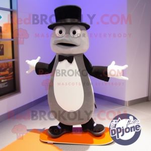 Gray Skateboard mascot costume character dressed with a Tuxedo and Clutch bags