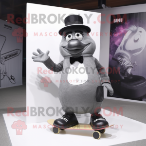 Gray Skateboard mascot costume character dressed with a Tuxedo and Clutch bags