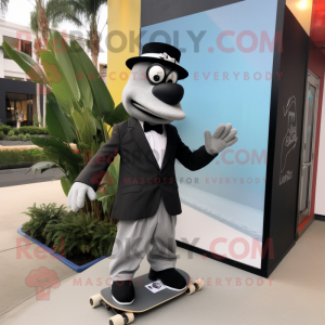 Gray Skateboard mascot costume character dressed with a Tuxedo and Clutch bags