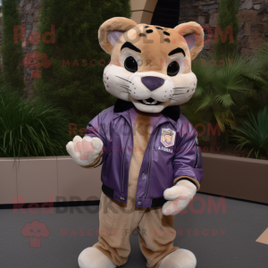 Lavender Mountain Lion mascot costume character dressed with a Leather Jacket and Pocket squares