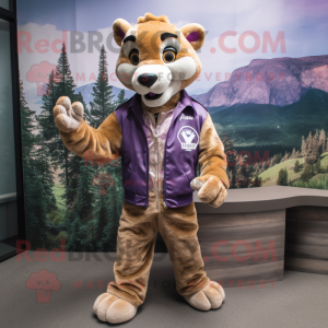 Lavender Mountain Lion mascot costume character dressed with a Leather Jacket and Pocket squares