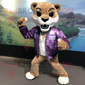 Lavender Mountain Lion mascot costume character dressed with a Leather Jacket and Pocket squares
