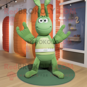 Green Lobster Bisque mascot costume character dressed with a Yoga Pants and Belts
