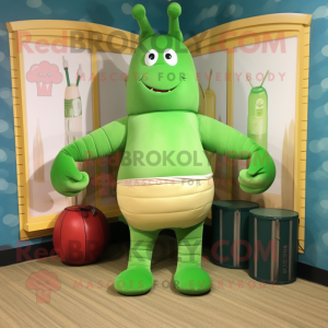 Green Lobster Bisque mascot costume character dressed with a Yoga Pants and Belts