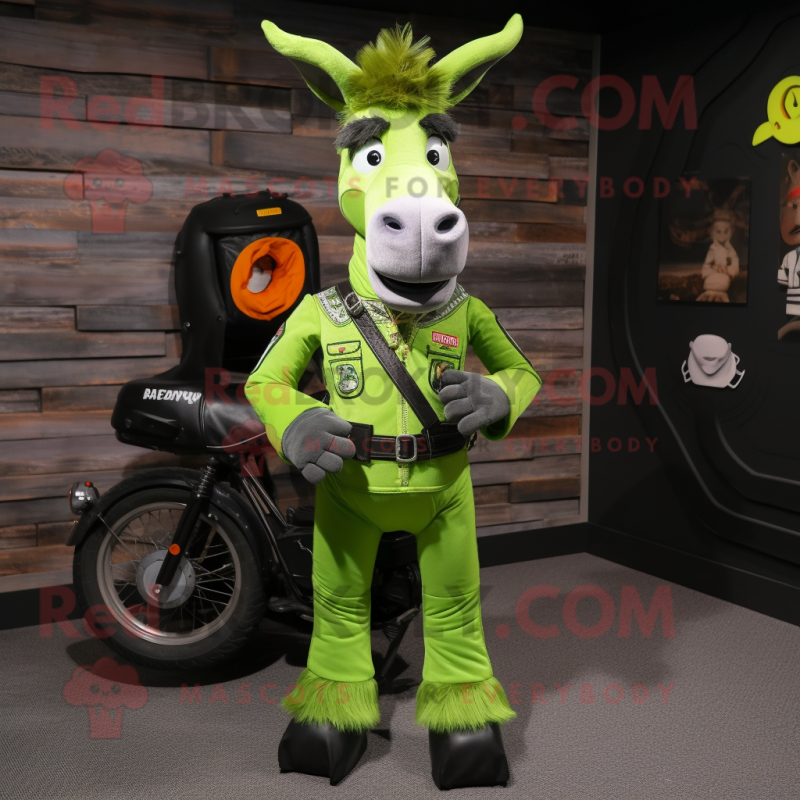 Lime Green Donkey mascot costume character dressed with a Moto Jacket and Suspenders Lime Green Donkey mascot costume character dressed with a Moto Jacket and Suspenders