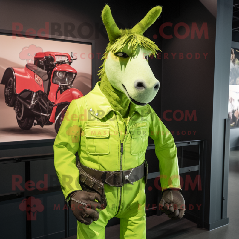 Lime Green Donkey mascot costume character dressed with a Moto Jacket and Suspenders