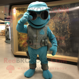 Turquoise Marine Recon mascot costume character dressed with a Sweater and Belts