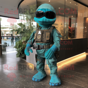 Turquoise Marine Recon mascot costume character dressed with a Sweater and Belts