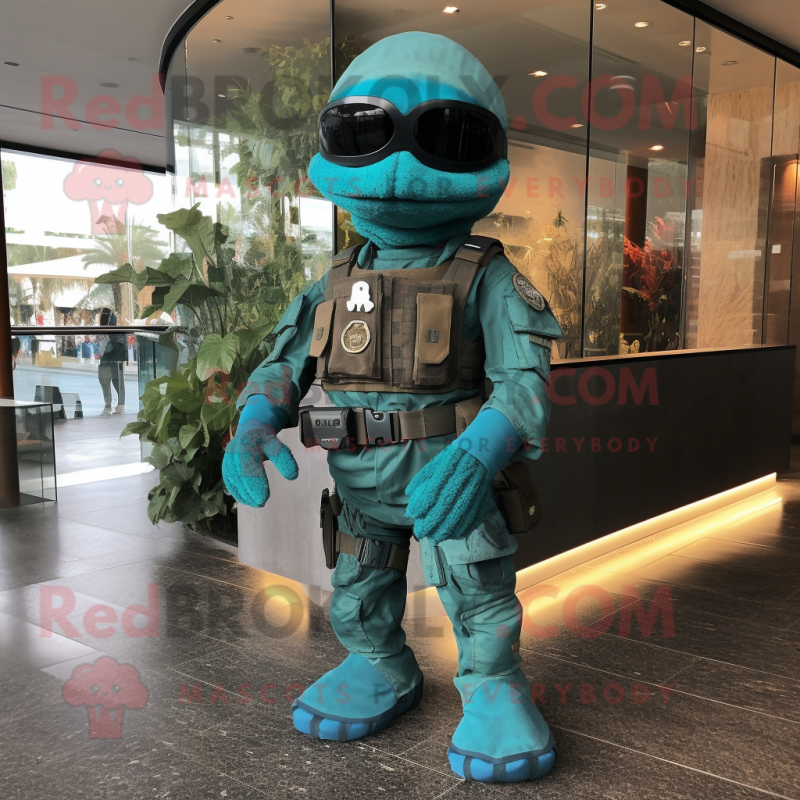 Turquoise Marine Recon mascot costume character dressed with a Sweater and Belts Turquoise Marine Recon mascot costume character dressed with a Sweater and Belts
