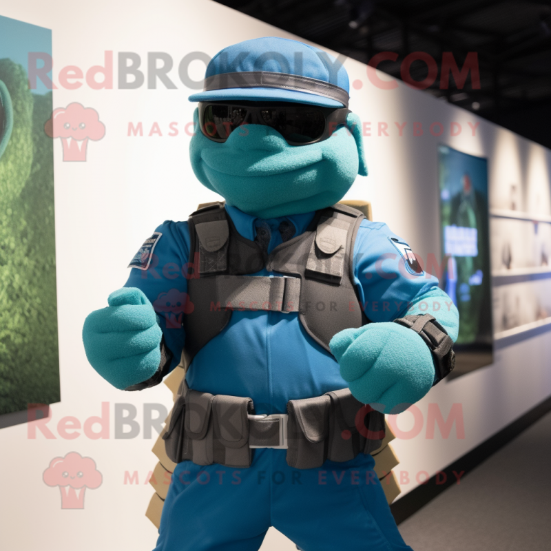 Turquoise Marine Recon mascot costume character dressed with a Sweater and Belts