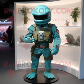 Turquoise Marine Recon mascot costume character dressed with a Sweater and Belts