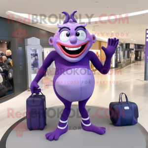 Purple Contortionist mascot costume character dressed with a One-Piece Swimsuit and Handbags