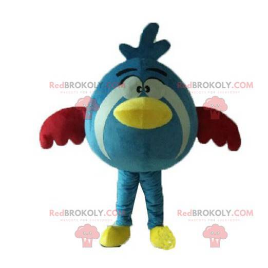 Rond en schattig blauw geel en rood vogel mascotte -