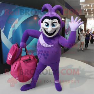 Purple Contortionist mascot costume character dressed with a One-Piece Swimsuit and Handbags