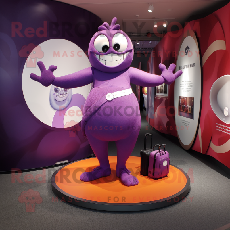 Purple Contortionist mascot costume character dressed with a One-Piece Swimsuit and Handbags