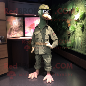 Olive Flamingo mascot costume character dressed with a Cargo Pants and Tie pins