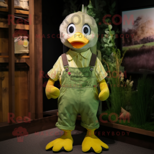 Lime Green Gosling mascot costume character dressed with a Dungarees and Suspenders