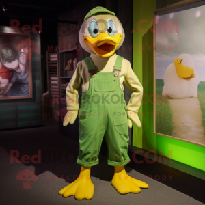 Lime Green Gosling mascot costume character dressed with a Dungarees and Suspenders