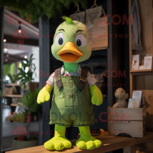 Lime Green Gosling mascot costume character dressed with a Dungarees and Suspenders