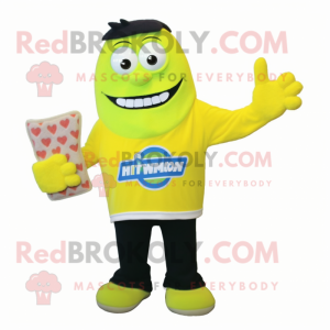 Lemon Yellow Frankenstein mascot costume character dressed with a Sweatshirt and Mittens