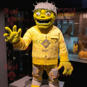 Lemon Yellow Frankenstein mascot costume character dressed with a Sweatshirt and Mittens
