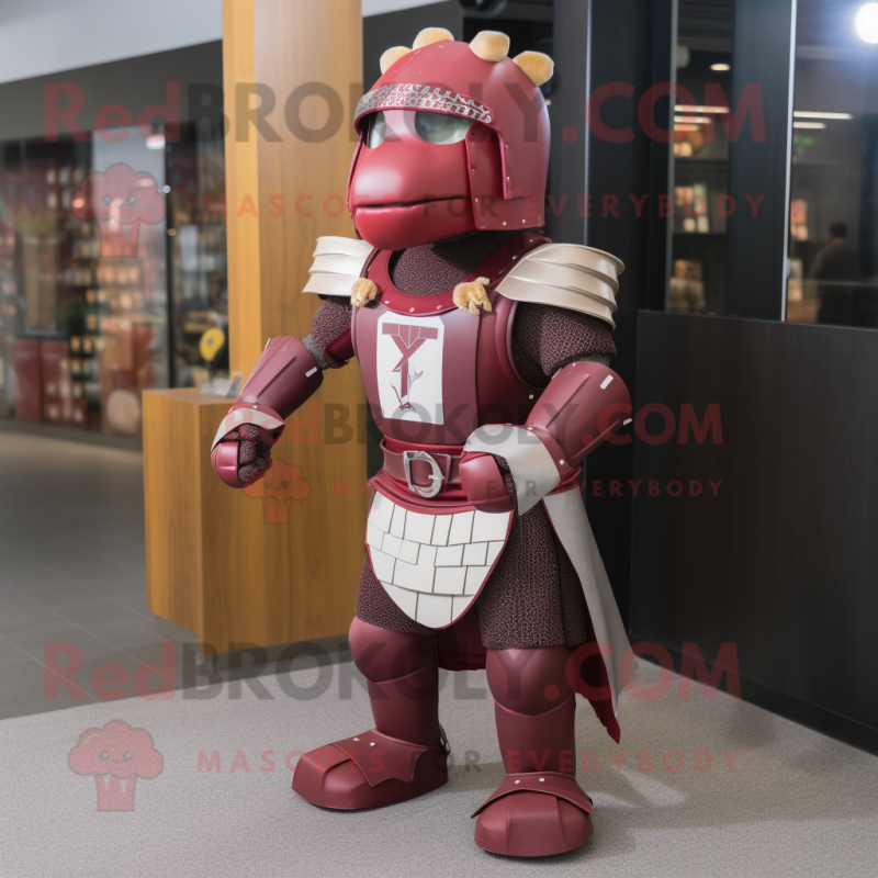 Maroon Medieval Knight mascot costume character dressed with a Rugby Shirt and Earrings