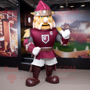 Maroon Medieval Knight mascot costume character dressed with a Rugby Shirt and Earrings