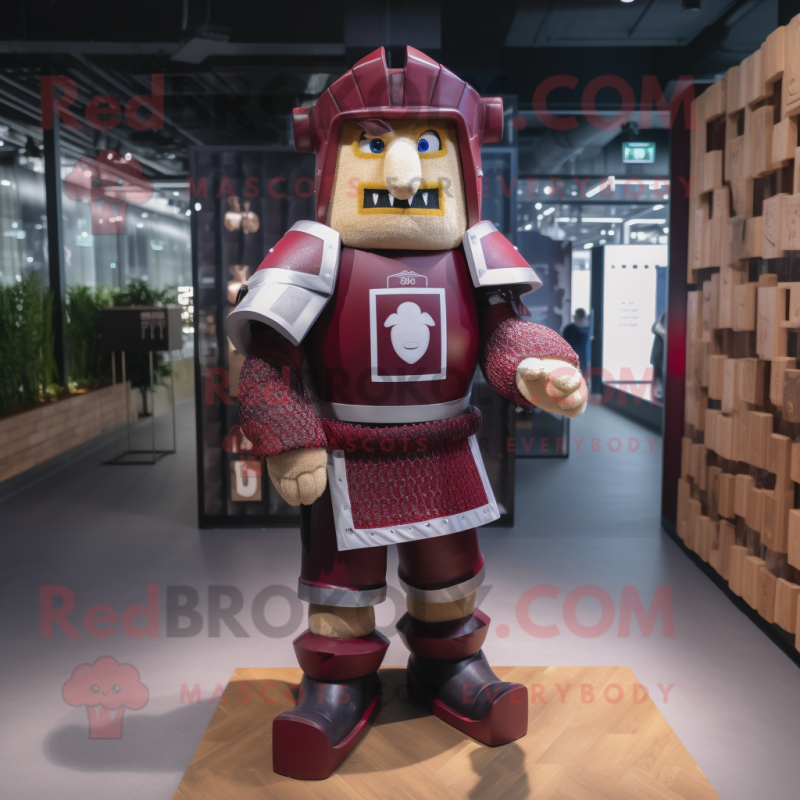 Maroon Medieval Knight mascot costume character dressed with a Rugby Shirt and Earrings