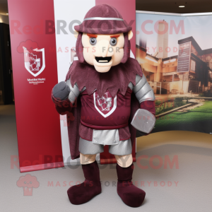 Maroon Medieval Knight mascot costume character dressed with a Rugby Shirt and Earrings