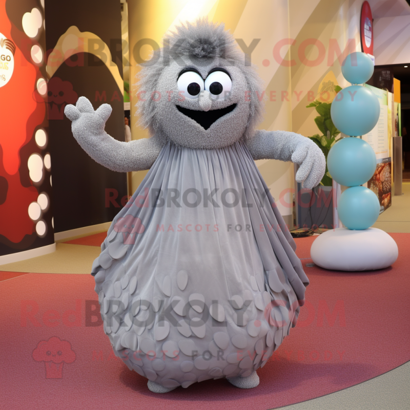 Gray Meatballs mascot costume character dressed with a Evening Gown and Foot pads Gray Meatballs mascot costume character dressed with a Evening Gown and Foot pads