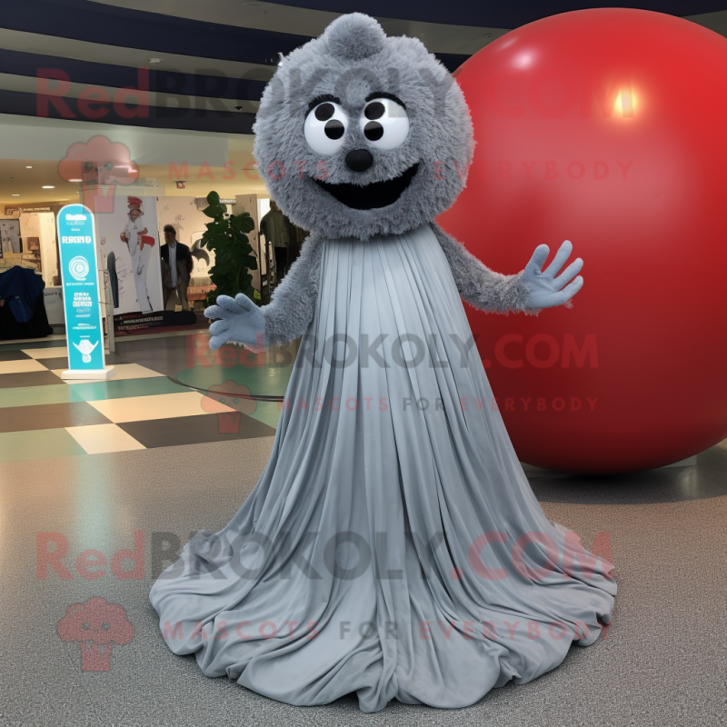 Gray Meatballs mascot costume character dressed with a Evening Gown and Foot pads Gray Meatballs mascot costume character dressed with a Evening Gown and Foot pads