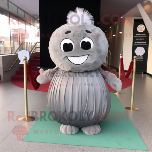 Gray Meatballs mascot costume character dressed with a Evening Gown and Foot pads