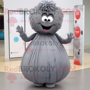 Gray Meatballs mascot costume character dressed with a Evening Gown and Foot pads