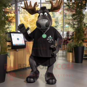 Black Moose mascot costume character dressed with a A-Line Dress and Smartwatches