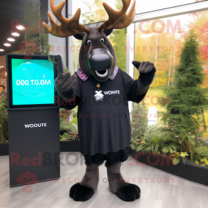 Black Moose mascot costume character dressed with a A-Line Dress and Smartwatches