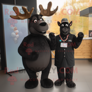 Black Moose mascot costume character dressed with a A-Line Dress and Smartwatches