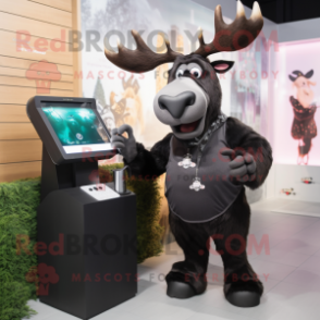 Black Moose mascot costume character dressed with a A-Line Dress and Smartwatches