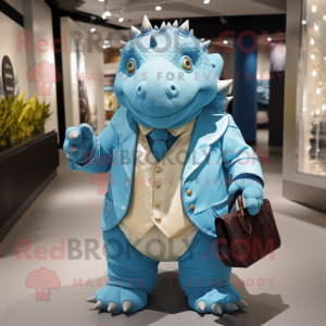 Sky Blue Ankylosaurus mascot costume character dressed with a Waistcoat and Handbags