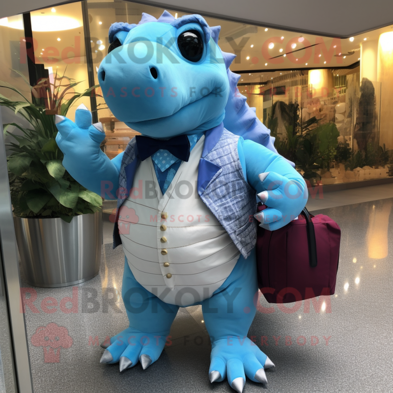 Sky Blue Ankylosaurus mascot costume character dressed with a Waistcoat and Handbags Sky Blue Ankylosaurus mascot costume character dressed with a Waistcoat and Handbags